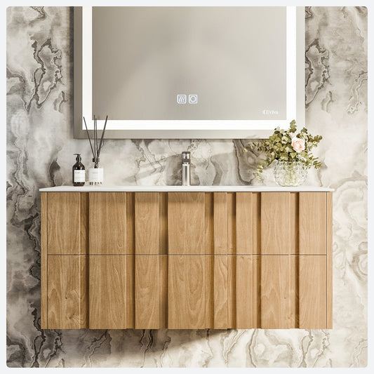 Eviva Lumber 44 Inch Wall Mount Solid Oak Vanity with Solid Surface Integrated Sink