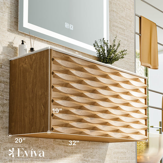 Eviva Oahu 32 Inch Wall Mount Solid Oak Vanity with Solid Surface Integrated Sink