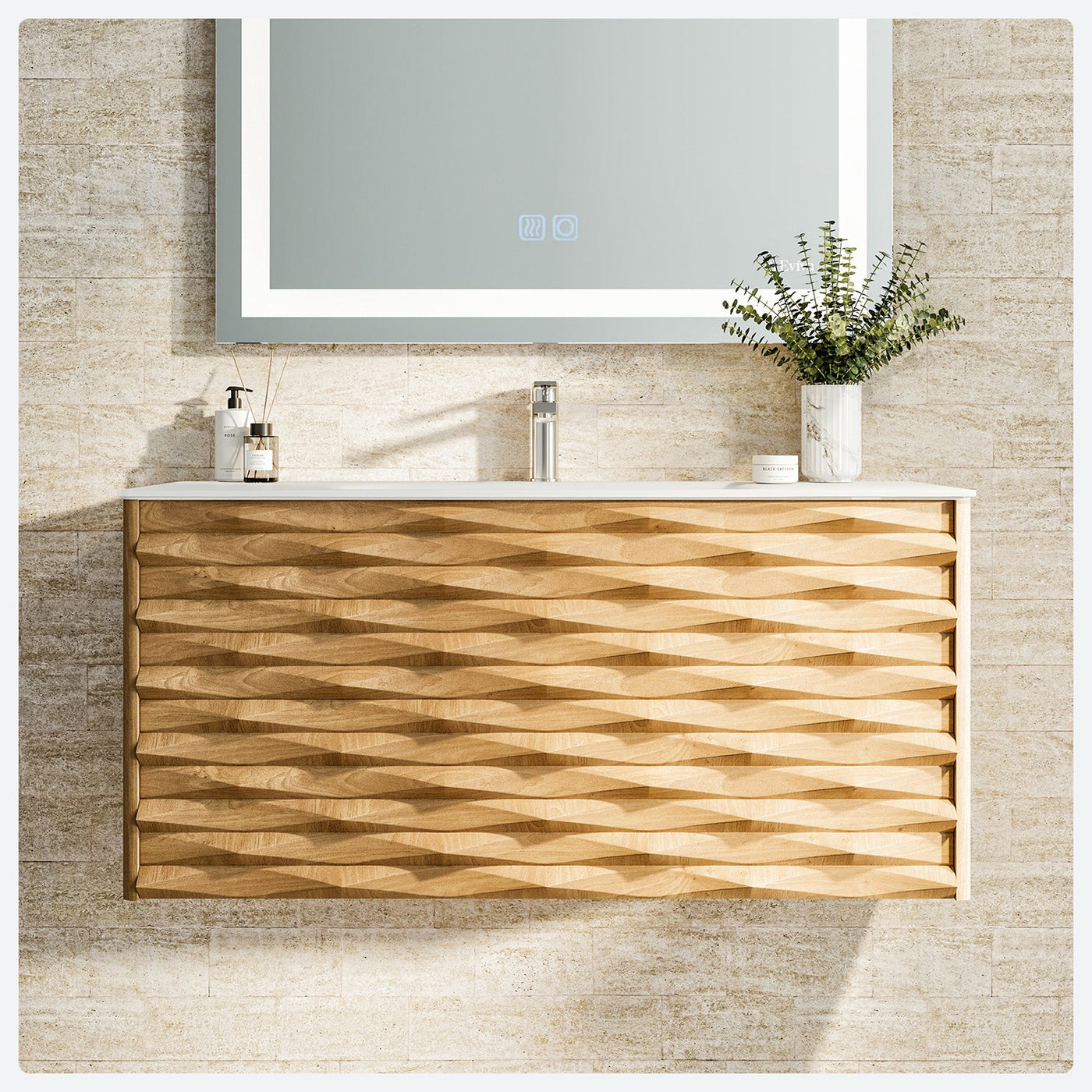 Oahu 32"W x 20"D Oak Wall Mount Bathroom Vanity with White Solid Surface Countertop and Integrated Sink