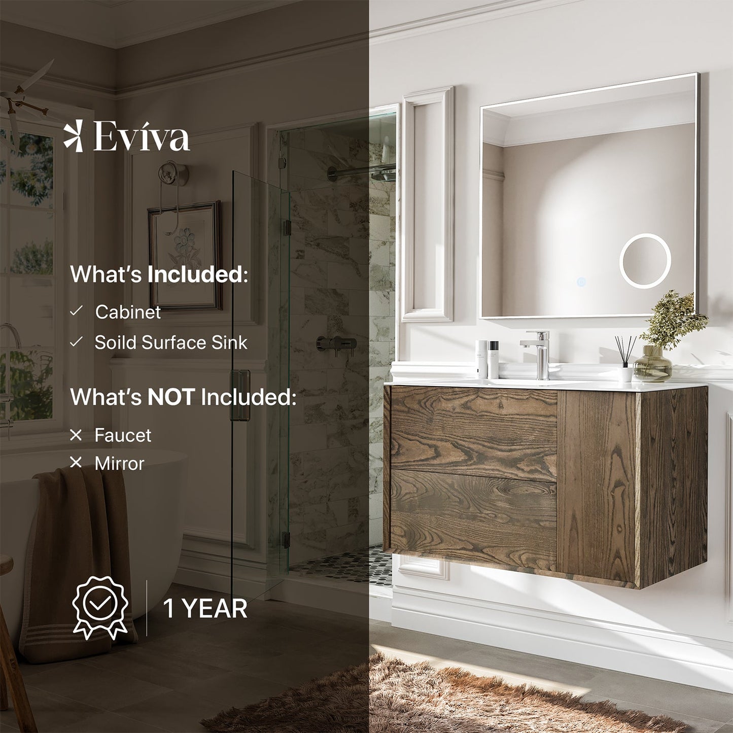 Eviva Ciocco 35 Inch Wall Mount Walnut Vanity with Solid Surface Integrated Sink
