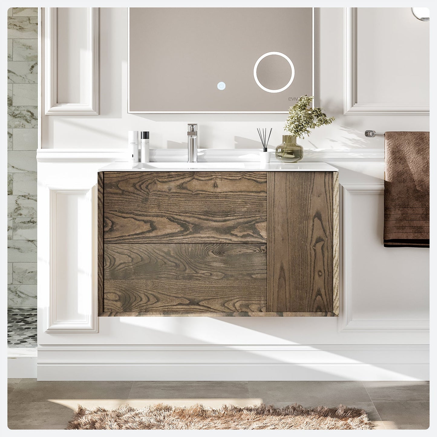Eviva Ciocco 35 Inch Wall Mount Walnut Vanity with Solid Surface Integrated Sink