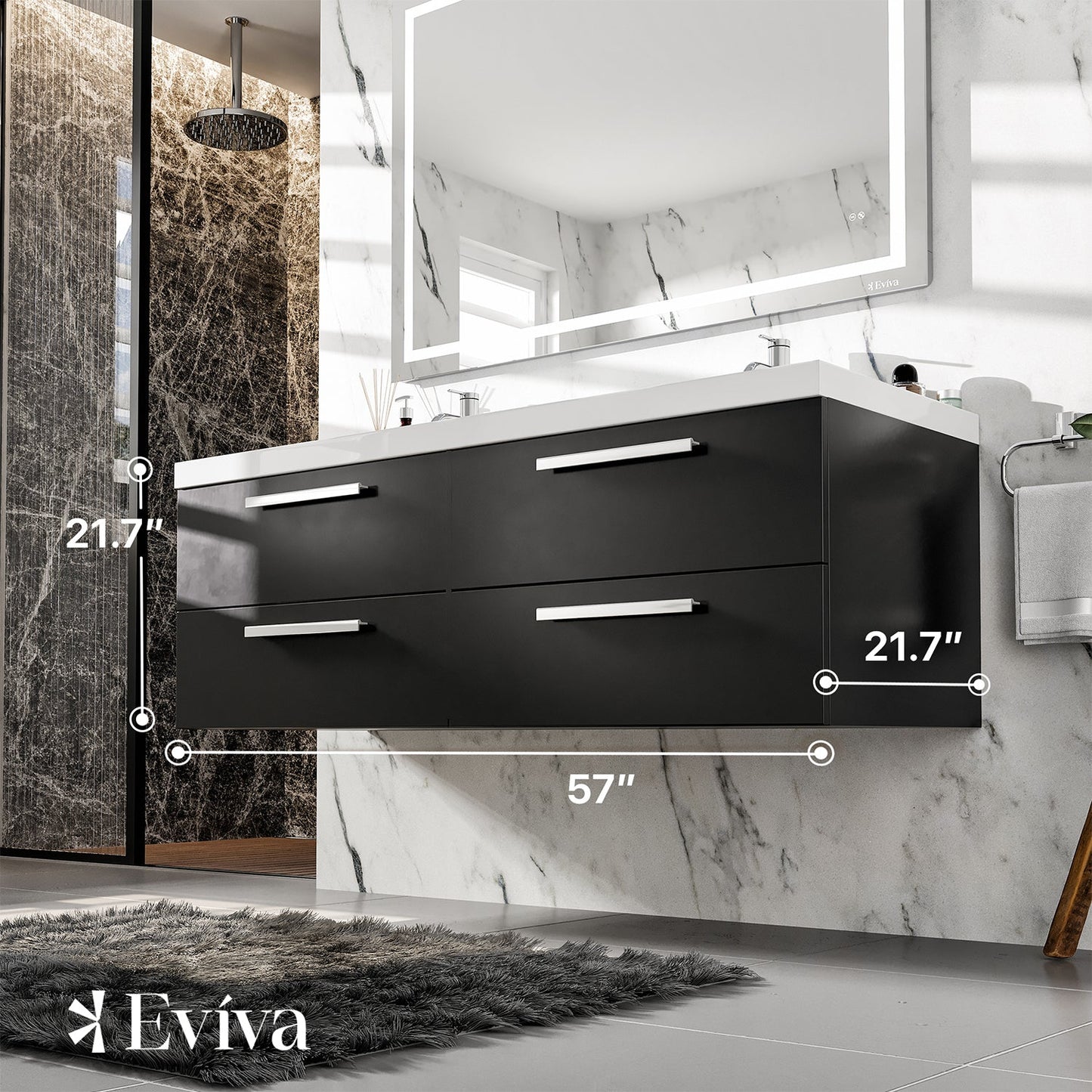 Eviva Surf 57" Black-Wood Modern Bathroom Vanity Set with Integrated White Acrylic Double Sink
