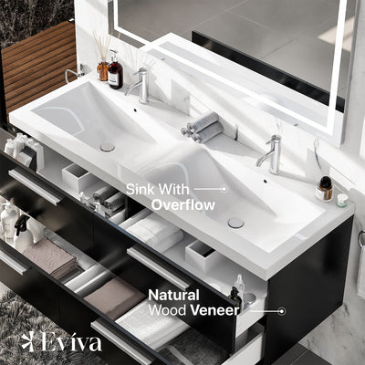 Surf 57"W x 20"D Blackwood Wall Mount Double Sink Bathroom Vanity with White Acrylic Countertop and Integrated Sinks