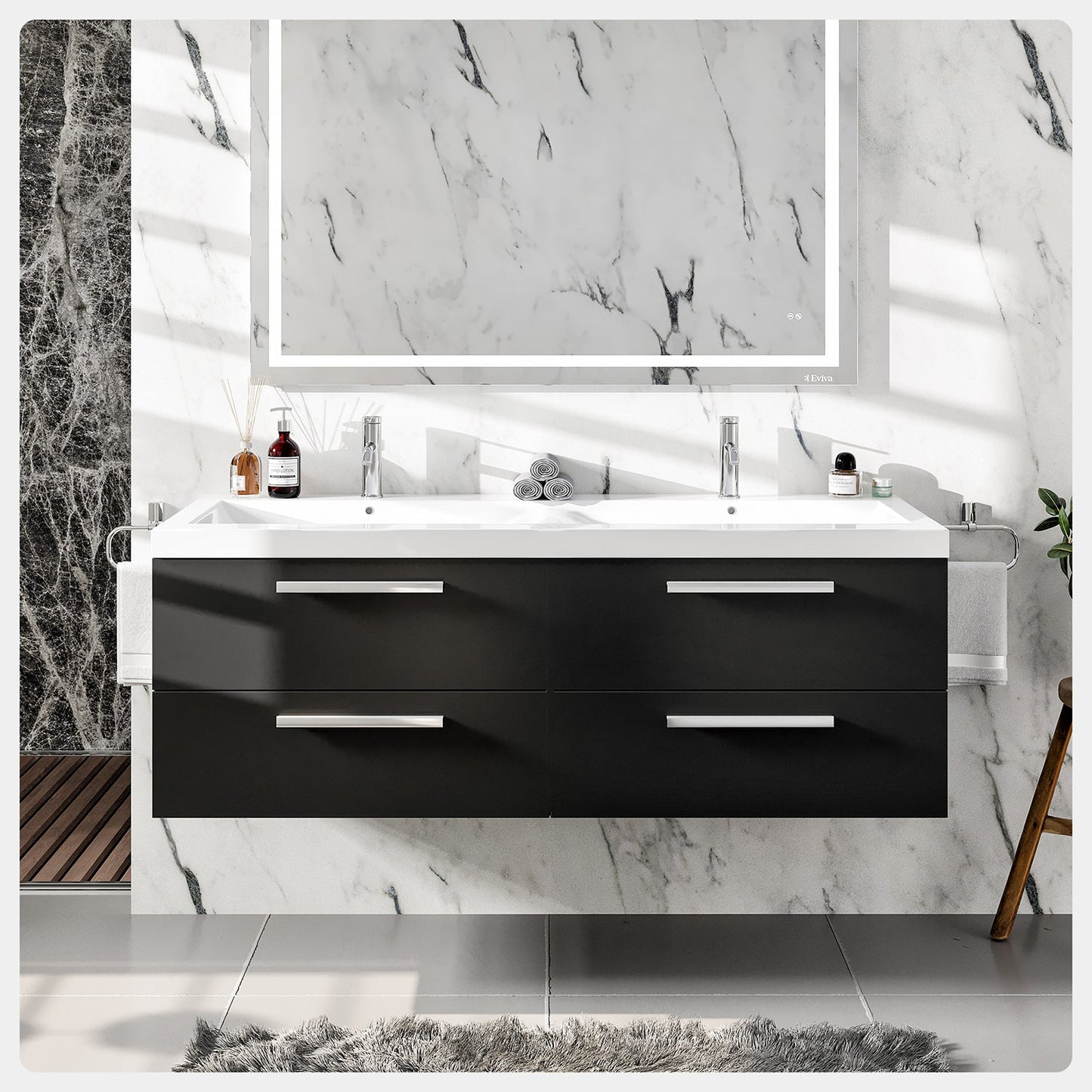 Eviva Surf 57" Black-Wood Modern Bathroom Vanity Set with Integrated White Acrylic Double Sink