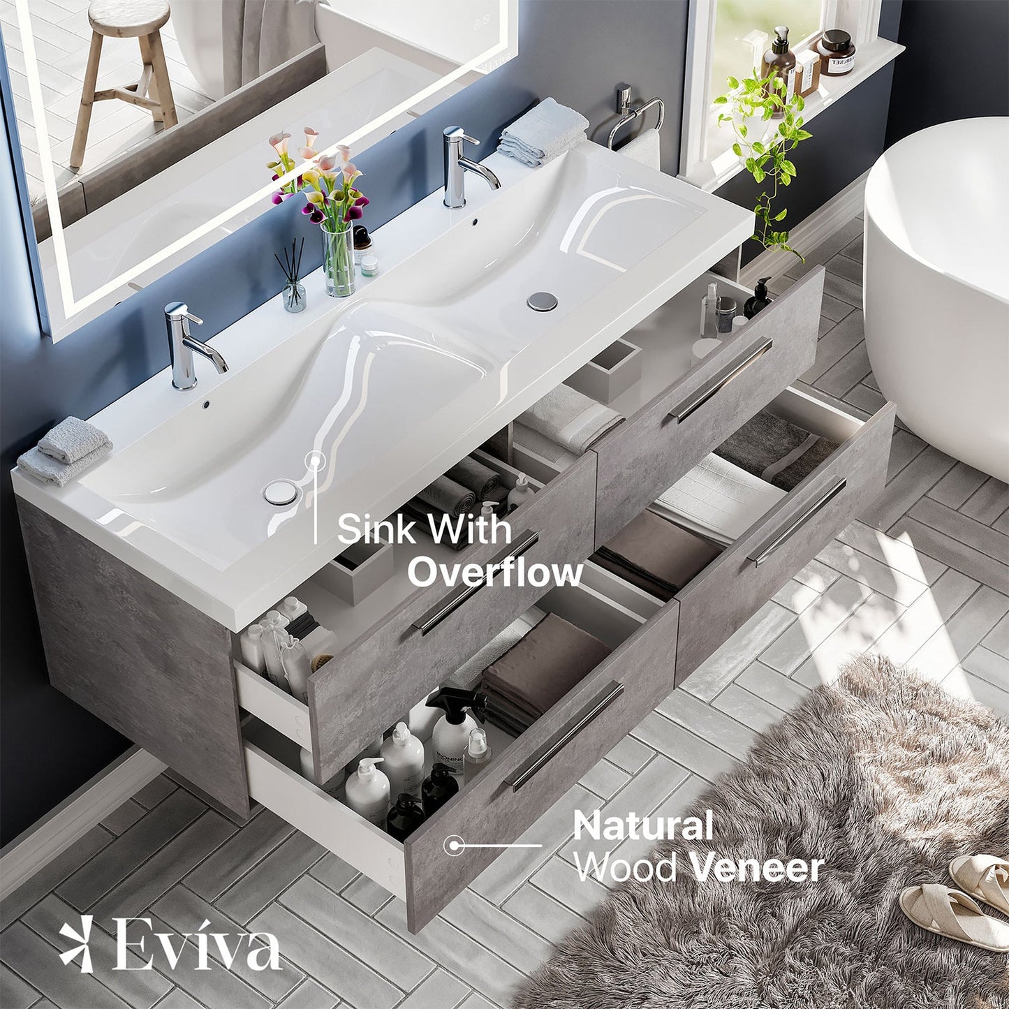 Eviva Surf 57" Cement Grey Modern Bathroom Vanity Set with Integrated White Acrylic Double Sink