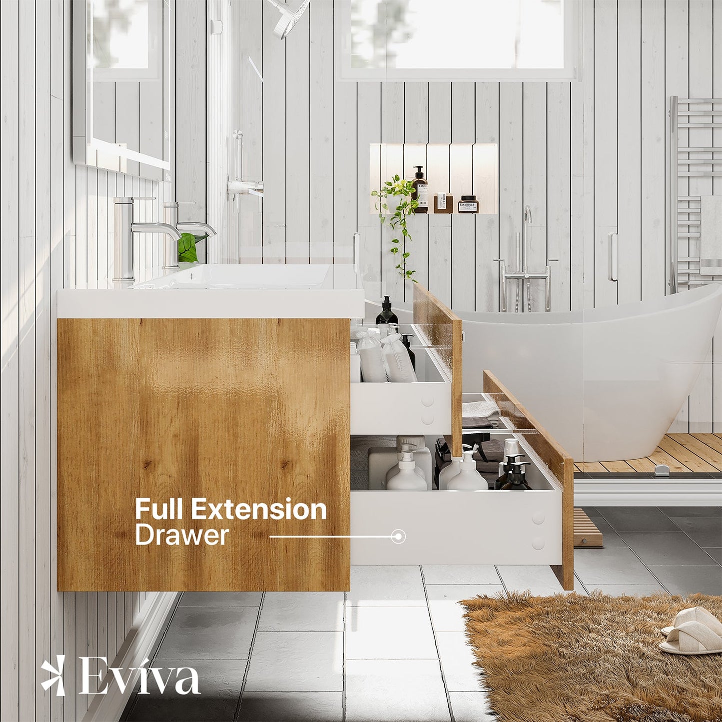 Eviva Surf 57" Natural Oak Modern Bathroom Vanity Set with Integrated White Acrylic Double Sink