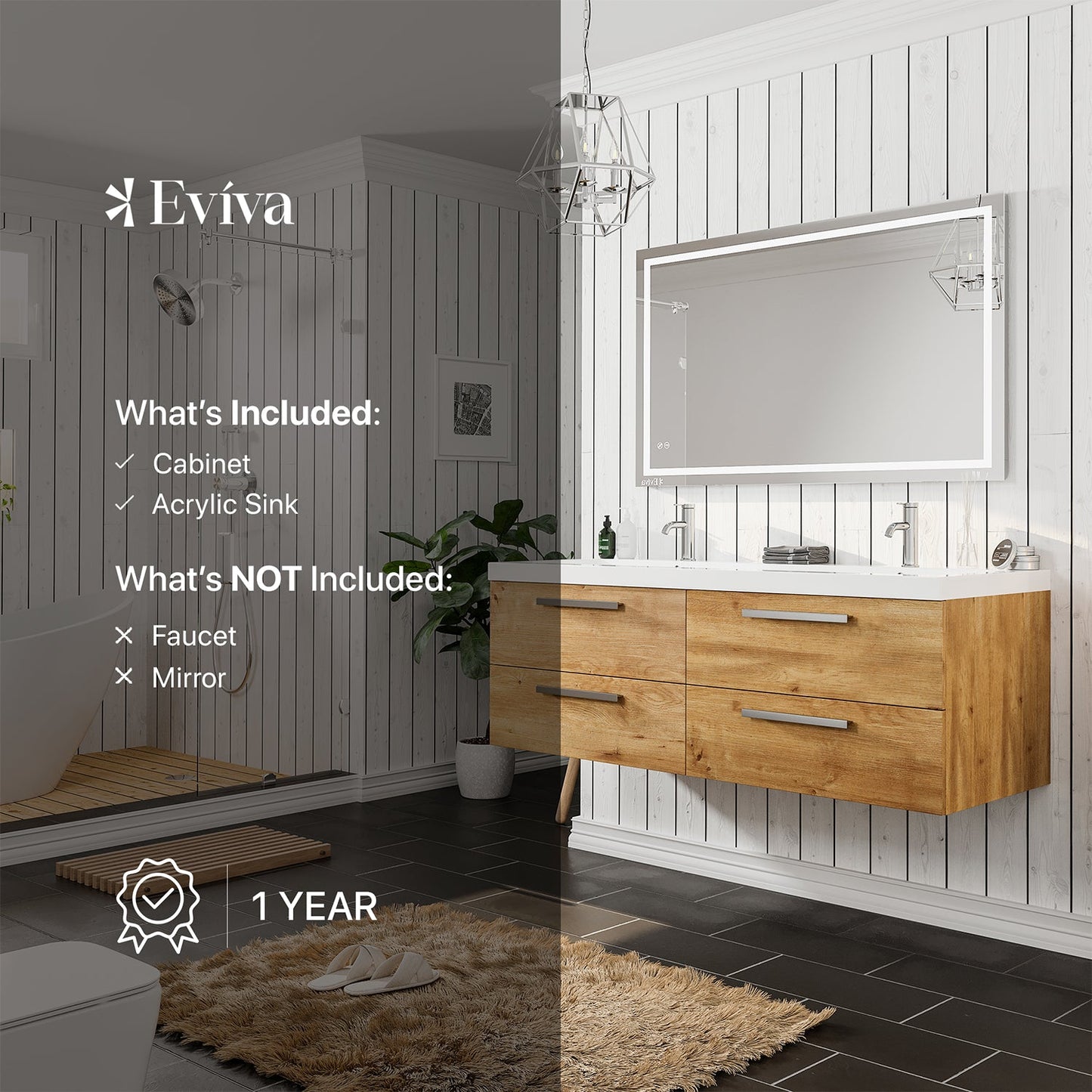 Eviva Surf 57" Natural Oak Modern Bathroom Vanity Set with Integrated White Acrylic Double Sink