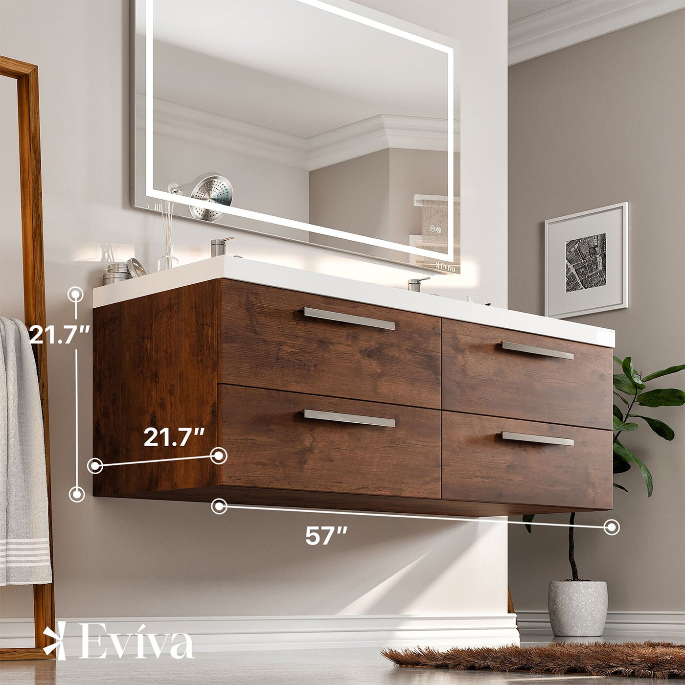 Surf 57"W x 20"D Rosewood Wall Mount Double Sink Bathroom Vanity with White Acrylic Countertop and Integrated Sinks