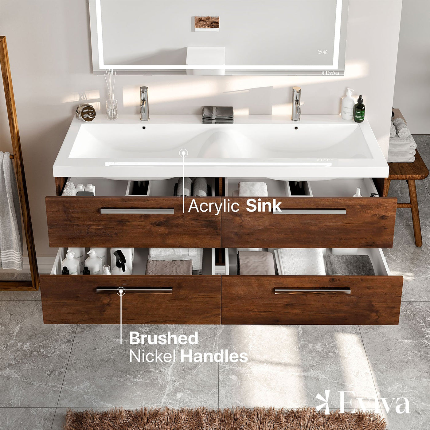 Surf 57"W x 20"D Rosewood Wall Mount Double Sink Bathroom Vanity with White Acrylic Countertop and Integrated Sinks