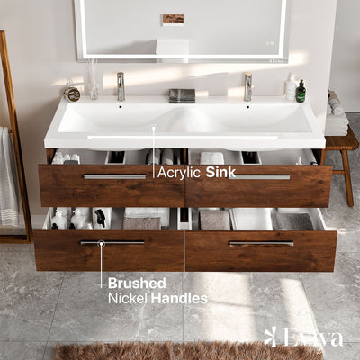 Surf 57"W x 20"D Rosewood Wall Mount Double Sink Bathroom Vanity with White Acrylic Countertop and Integrated Sinks