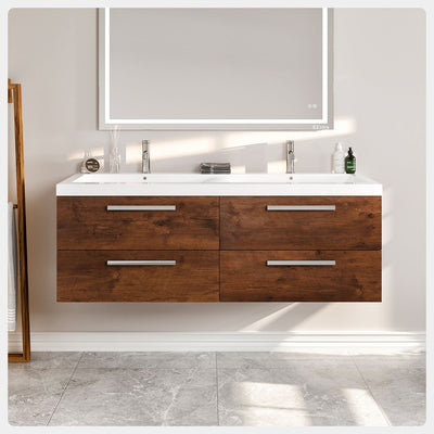 Surf 57"W x 20"D Rosewood Wall Mount Double Sink Bathroom Vanity with White Acrylic Countertop and Integrated Sinks