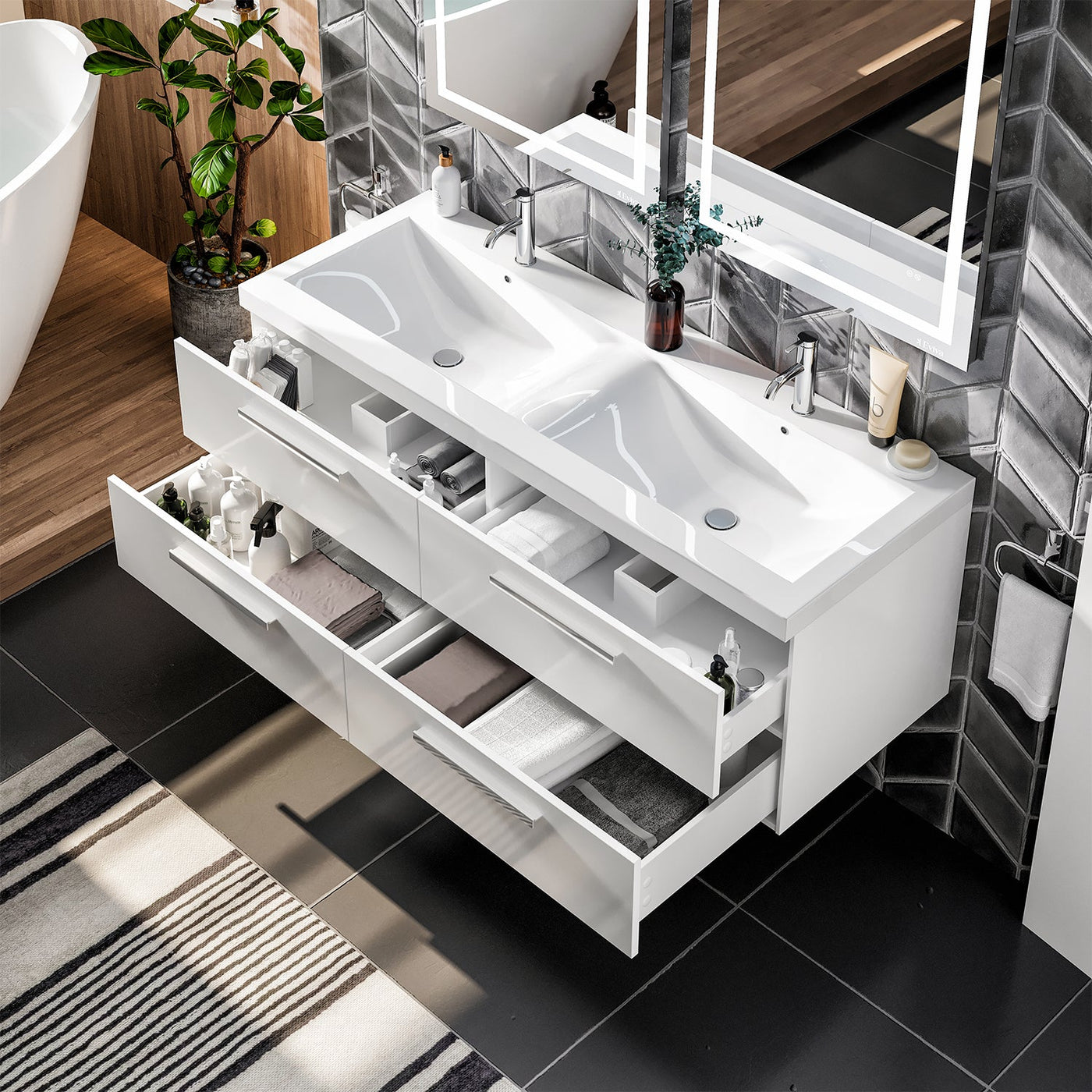 Surf 57"W x 20"D White Wall Mount Double Sink Bathroom Vanity with White Acrylic Countertop and Integrated Sinks