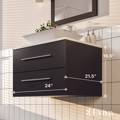 Wave 24"W x 22"D Espresso Wall Mount Bathroom Vanity with White Quartz Countertop and Vessel Porcelain Sink