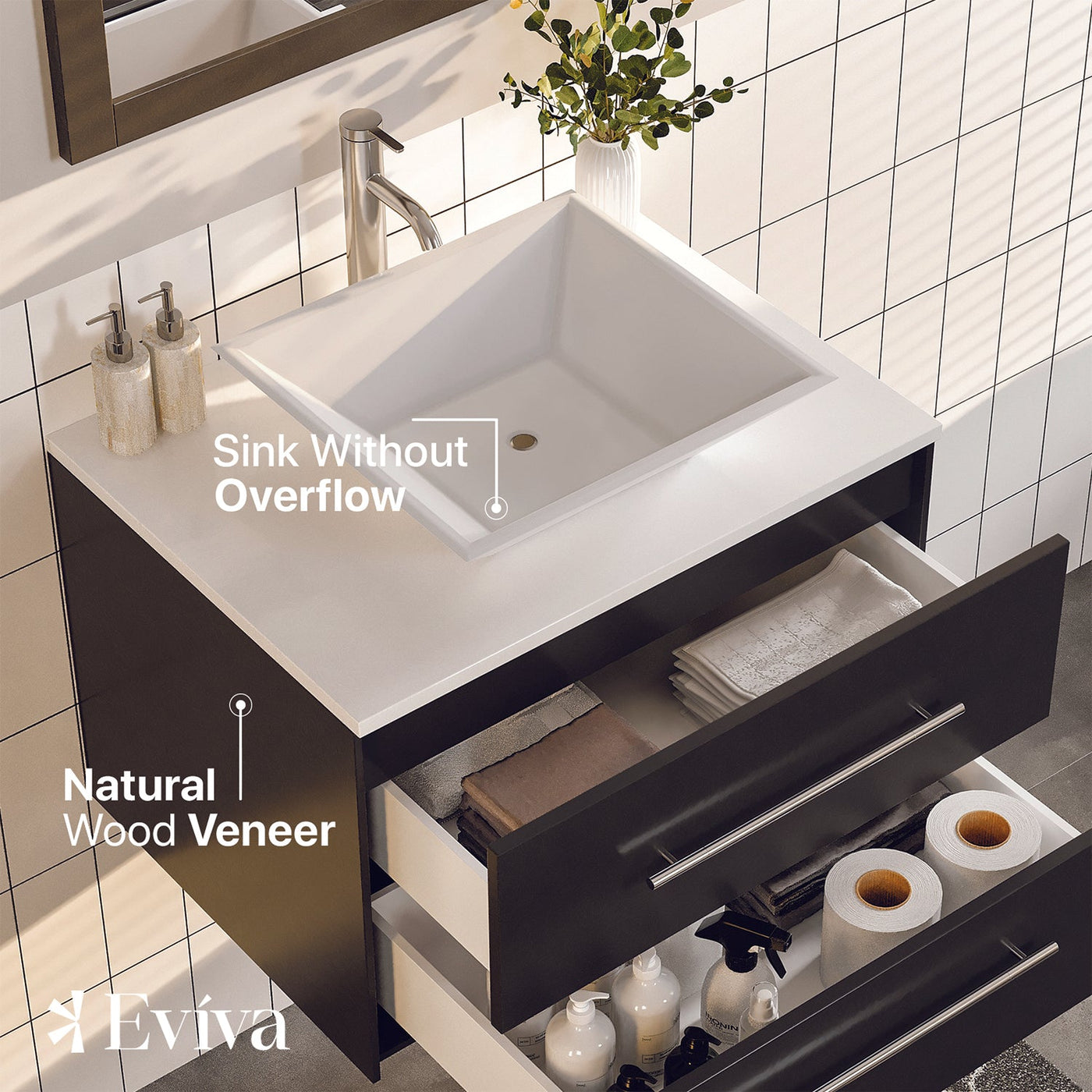 Wave 24"W x 22"D Espresso Wall Mount Bathroom Vanity with White Quartz Countertop and Vessel Porcelain Sink