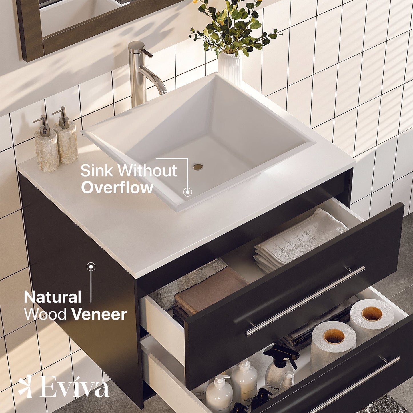 Totti Wave 24" Espresso Modern Bathroom Vanity w/ Super White Man-Made Stone Top & Sink
