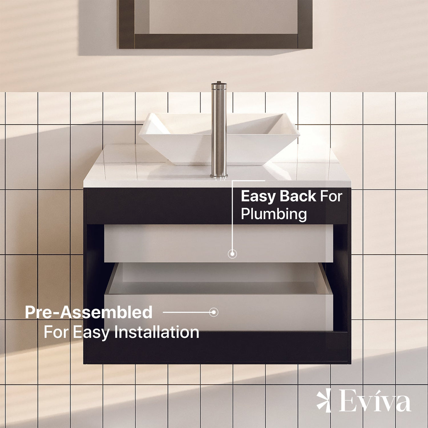 Wave 24"W x 22"D Espresso Wall Mount Bathroom Vanity with White Quartz Countertop and Vessel Porcelain Sink