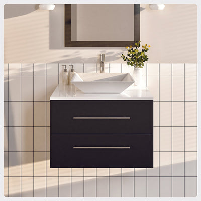 Wave 24"W x 22"D Espresso Wall Mount Bathroom Vanity with White Quartz Countertop and Vessel Porcelain Sink