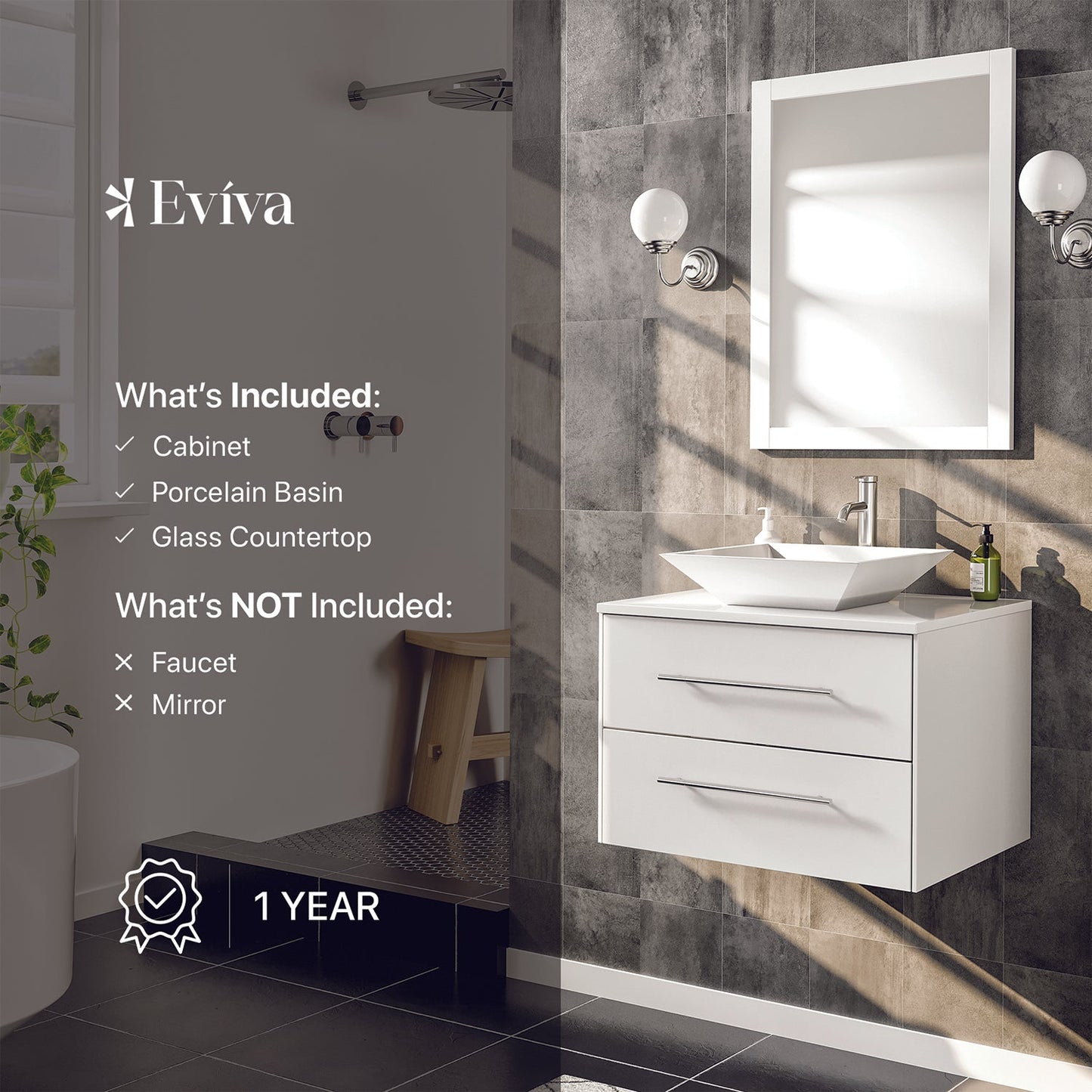 Totti Wave 24" White Modern Bathroom Vanity w/ Super White Man-Made Stone Top & Sink