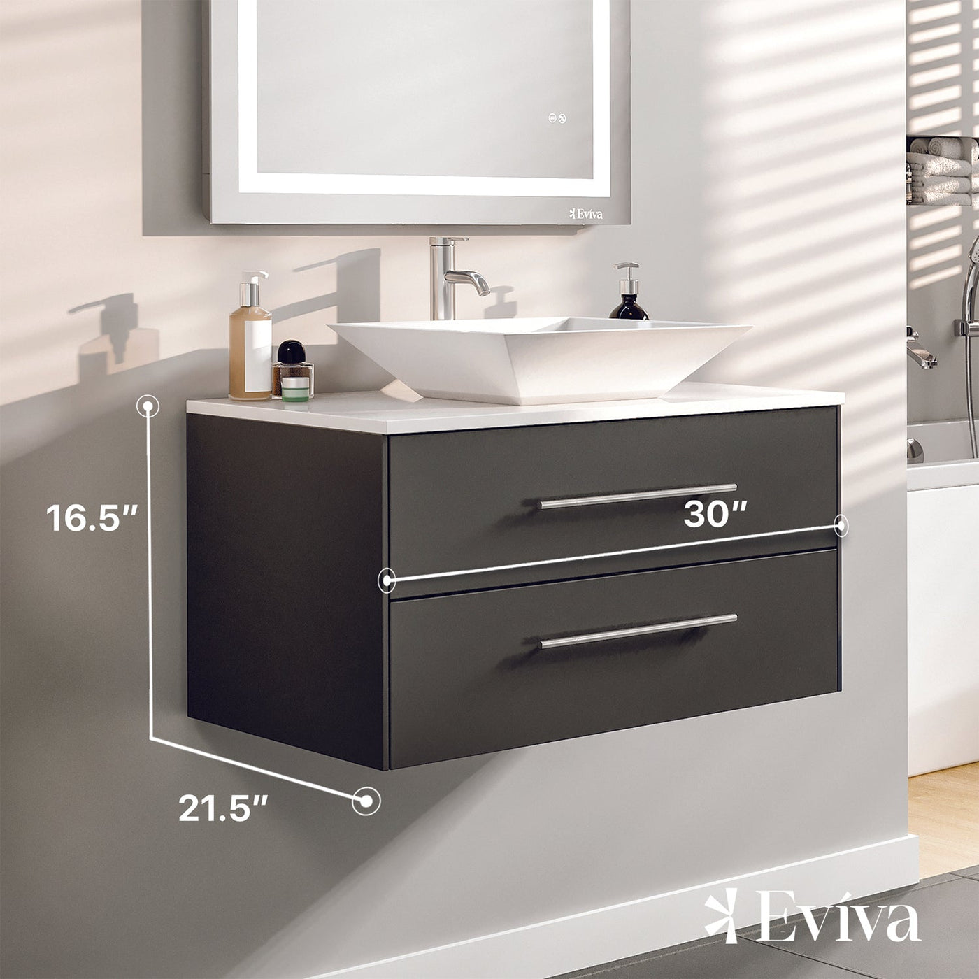 Wave 30"W x 22"D Espresso Wall Mount Bathroom Vanity with White Quartz Countertop and Vessel Porcelain Sink