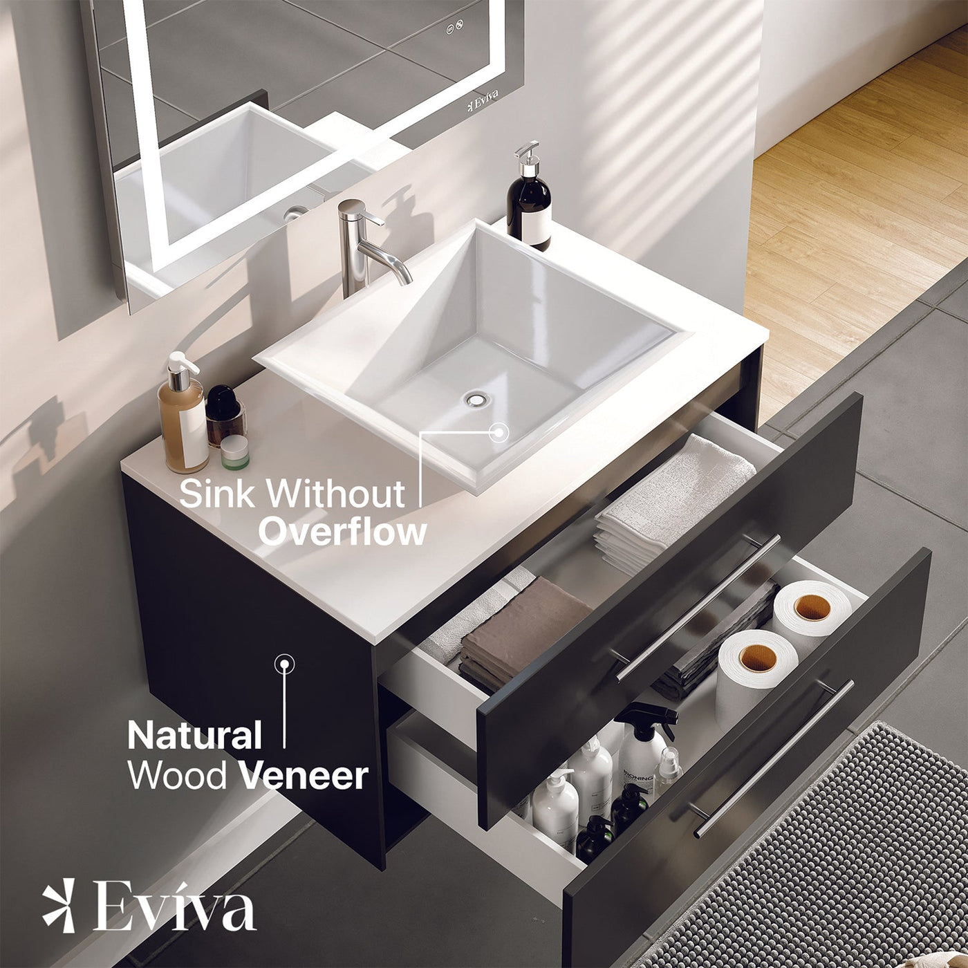 Wave 30"W x 22"D Espresso Wall Mount Bathroom Vanity with White Quartz Countertop and Vessel Porcelain Sink