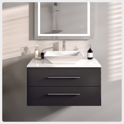 Wave 30"W x 22"D Espresso Wall Mount Bathroom Vanity with White Quartz Countertop and Vessel Porcelain Sink