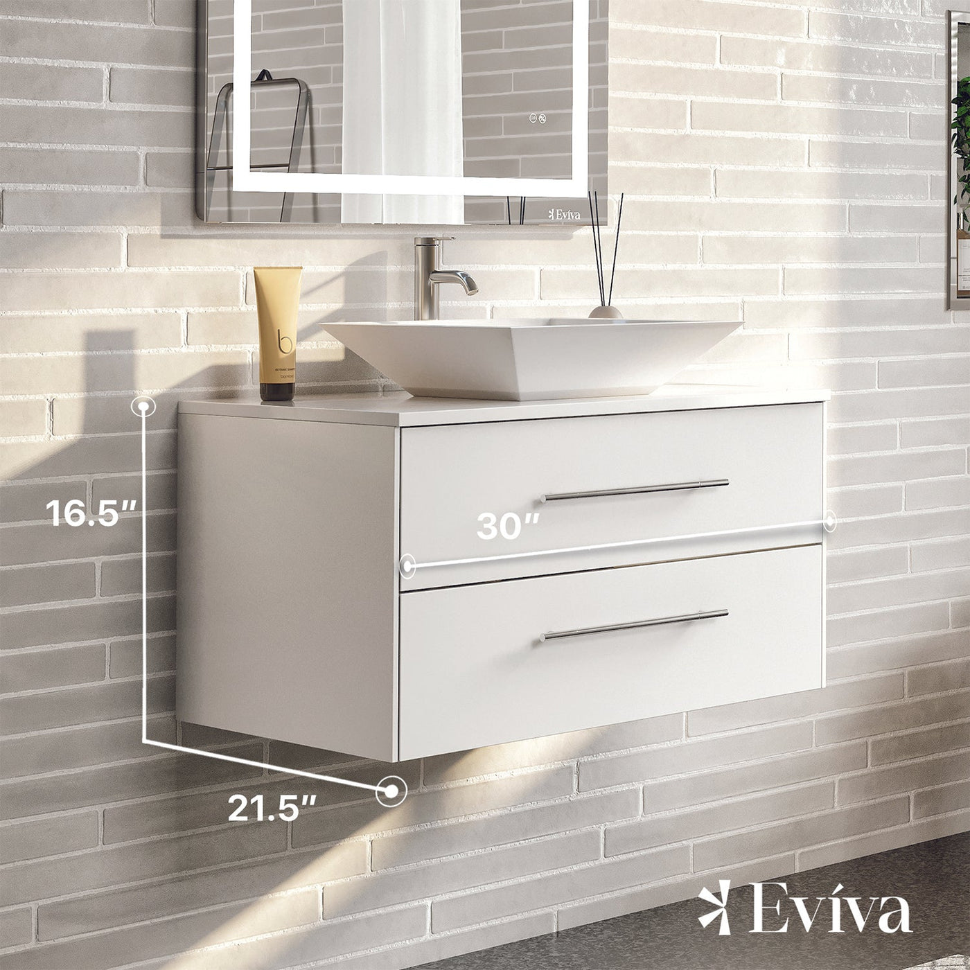 Wave 30"W x 22"D White Wall Mount Bathroom Vanity with White Quartz Countertop and Vessel Porcelain Sink