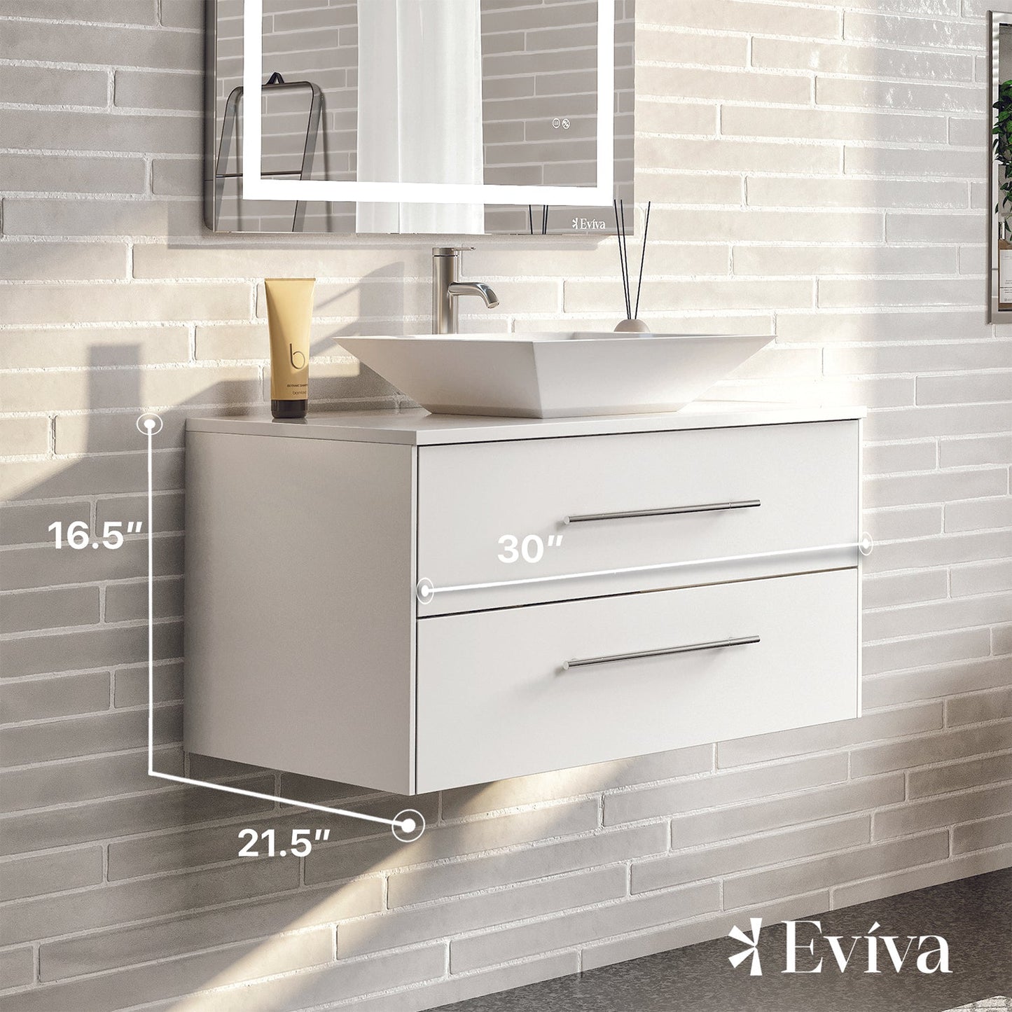 Wave 30"W x 22"D White Bathroom Vanity with White Quartz Countertop and Vessel Porcelain Sink