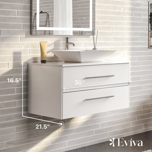 Wave 30"W x 22"D White Bathroom Vanity with White Quartz Countertop and Vessel Porcelain Sink