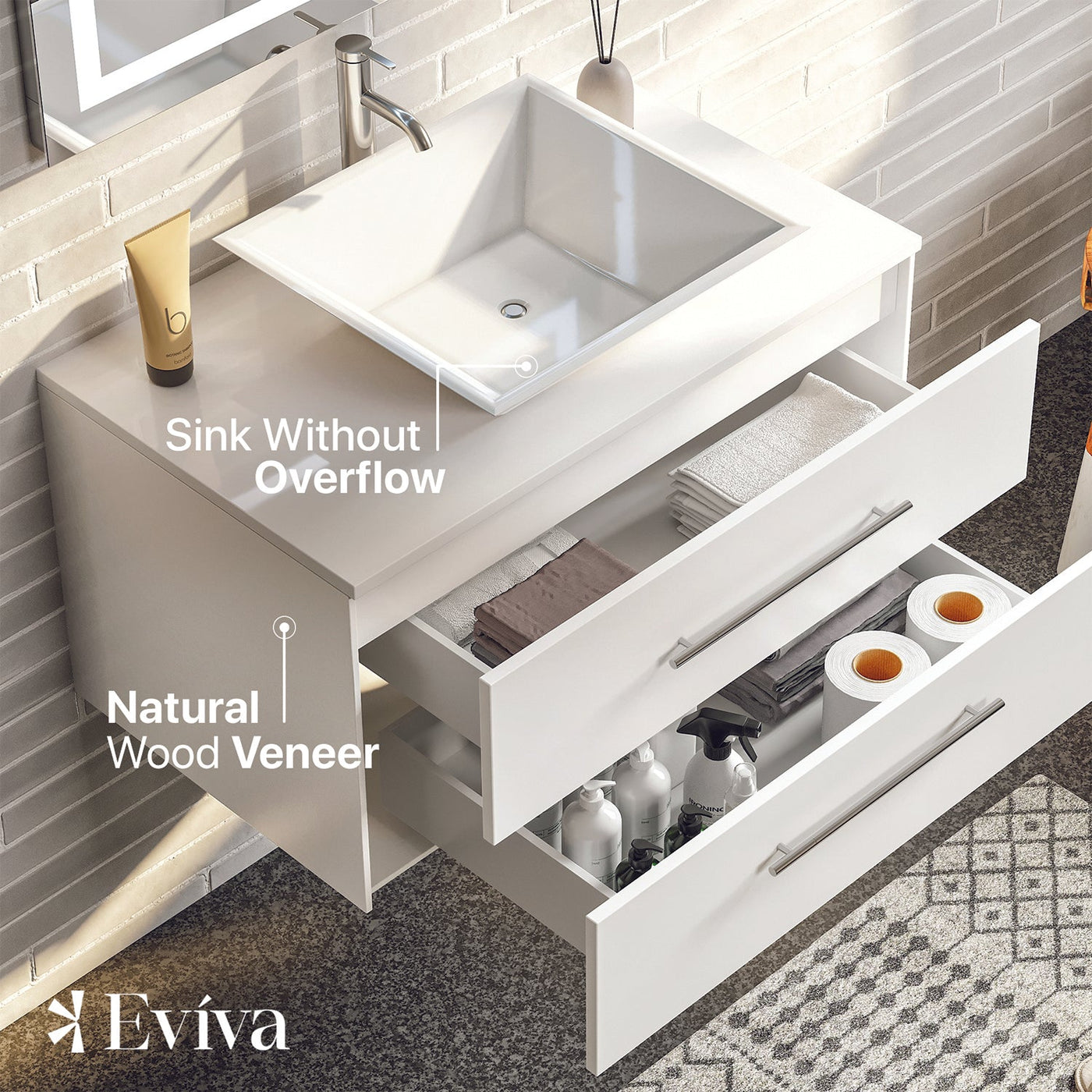 Wave 30"W x 22"D White Wall Mount Bathroom Vanity with White Quartz Countertop and Vessel Porcelain Sink