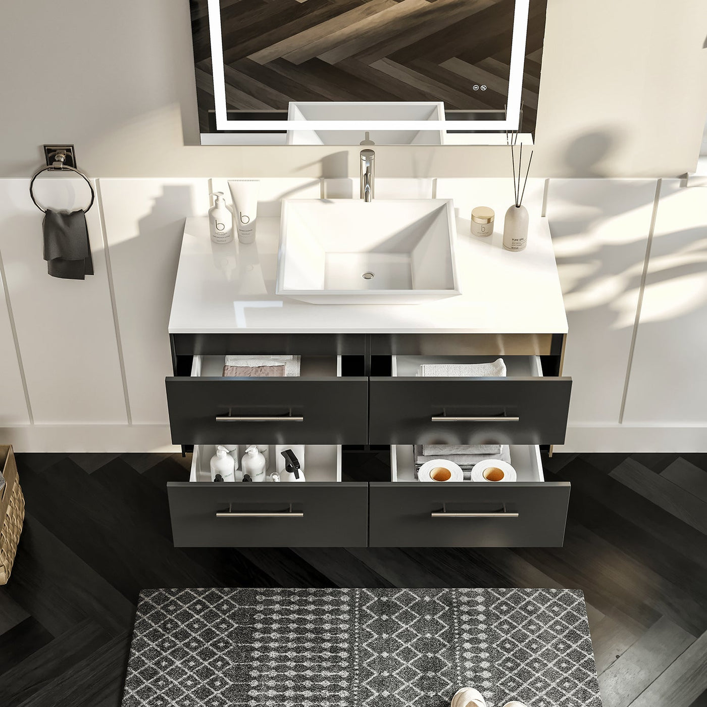 Wave 36"W x 22"D Espresso Wall Mount Bathroom Vanity with White Quartz Countertop and Vessel Porcelain Sink