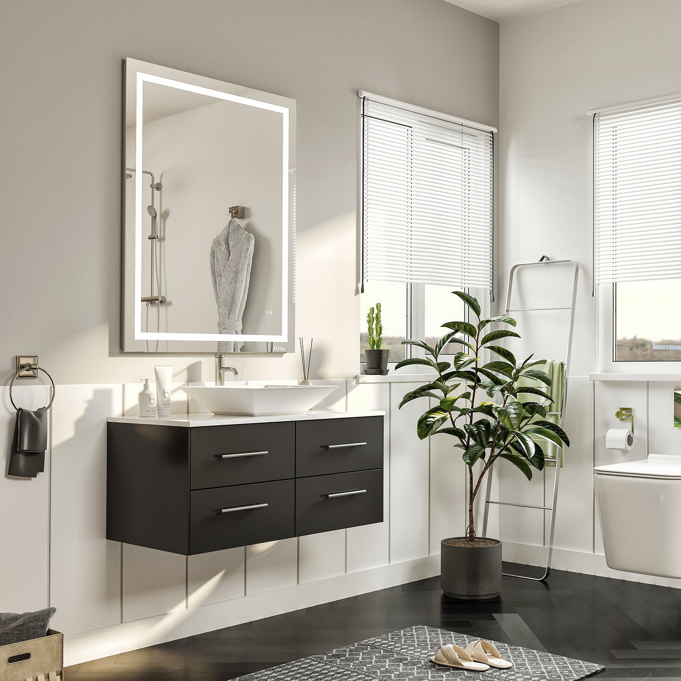 Wave 36"W x 22"D Espresso Wall Mount Bathroom Vanity with White Quartz Countertop and Vessel Porcelain Sink