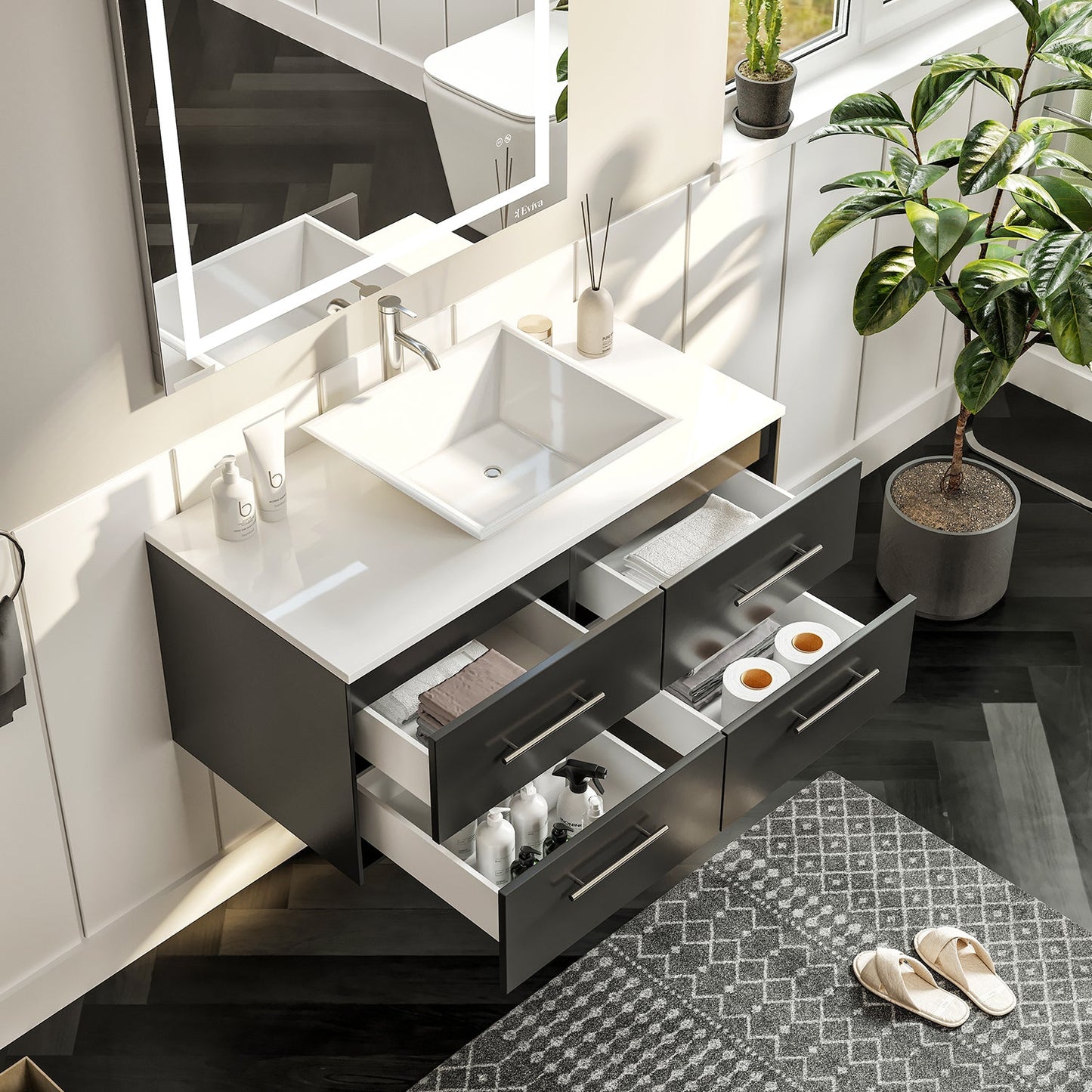 Totti Wave 36" Espresso Modern Bathroom Vanity w/ Super White Man-Made Stone Top & Sink