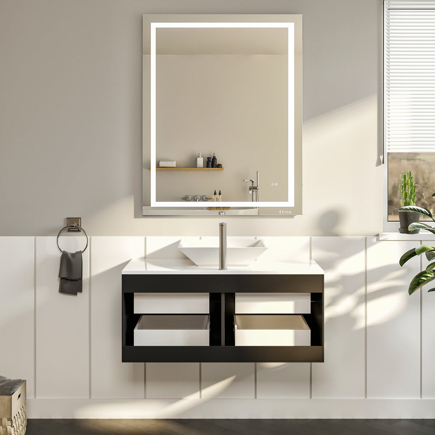 Wave 36"W x 22"D Espresso Wall Mount Bathroom Vanity with White Quartz Countertop and Vessel Porcelain Sink