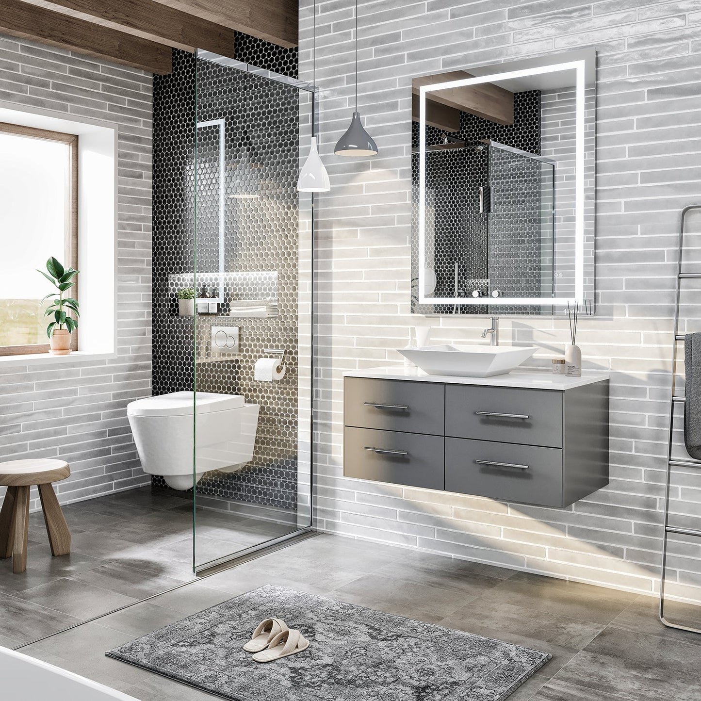 Totti Wave 36" Gray Modern Bathroom Vanity w/ Super White Man-Made Stone Top & Sink