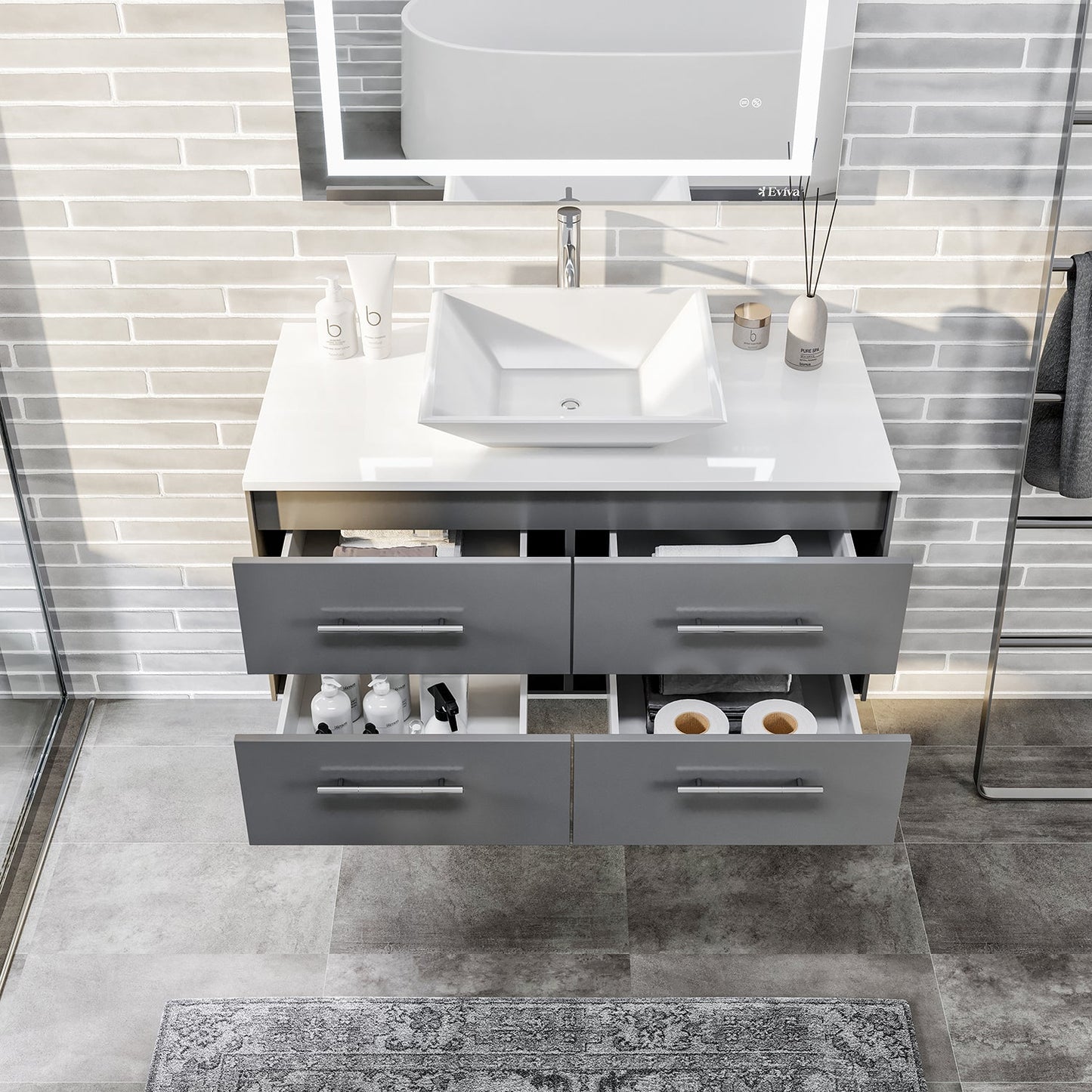 Wave 36"W x 22"D Gray Bathroom Vanity with White Quartz Countertop and Vessel Porcelain Sink