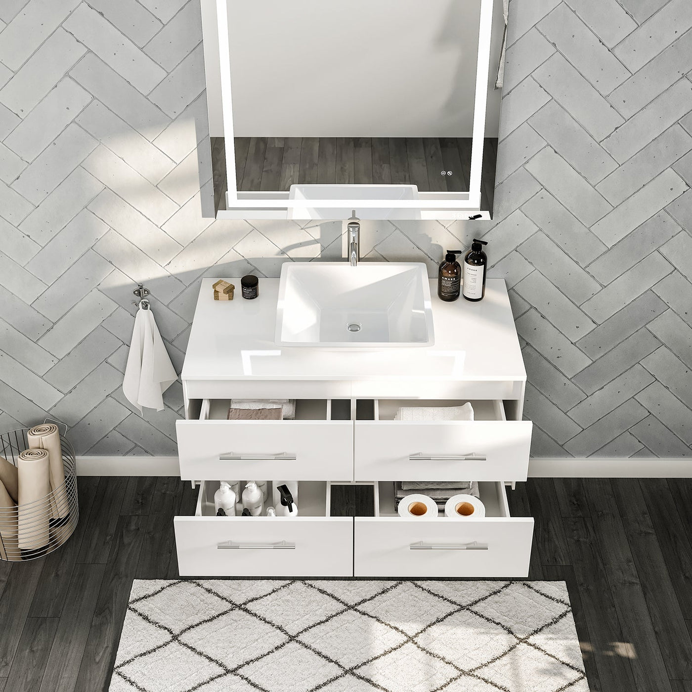 Wave 36"W x 22"D White Wall Mount Bathroom Vanity with White Quartz Countertop and Vessel Porcelain Sink