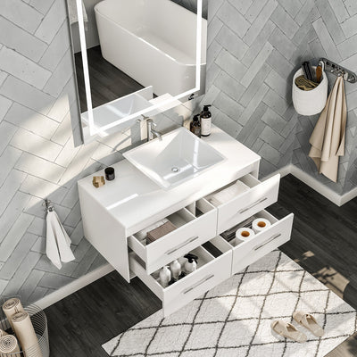 Wave 36"W x 22"D White Wall Mount Bathroom Vanity with White Quartz Countertop and Vessel Porcelain Sink