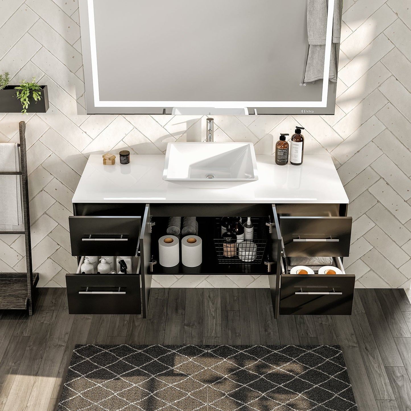 Totti Wave 48" Espresso Modern Bathroom Vanity w/ Super White Man-Made Stone Top & Sink