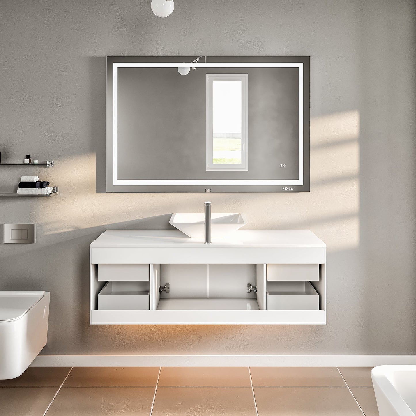 Totti Wave 48" White Modern Bathroom Vanity w/ Super White Man-Made Stone Top & Sink