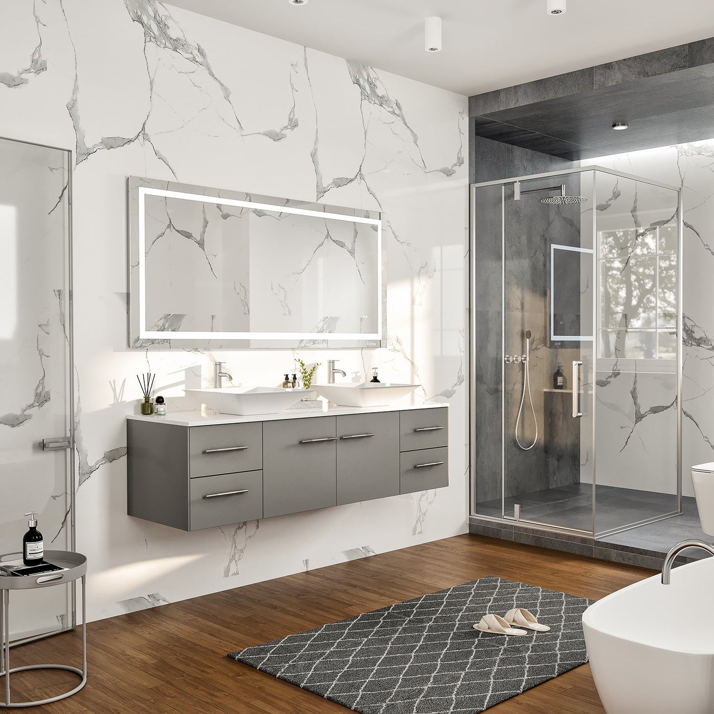 Totti Wave 72" Gray Modern Double Sink Bathroom Vanity w/ Super White Man-Made Stone Top & Sinks