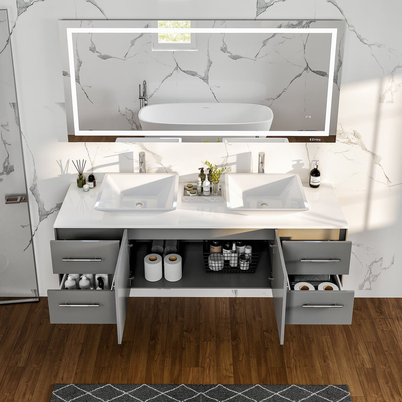 Wave 60"W x 22"D Gray Wall Mount Double Sink Bathroom Vanity with White Quartz Countertop and Vessel Porcelain Sinks