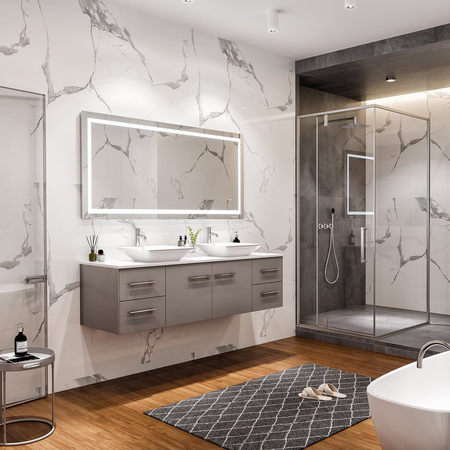 Totti Wave 60" Gray Modern Double Sink Bathroom Vanity w/ Super White Man-Made Stone Top & Sinks