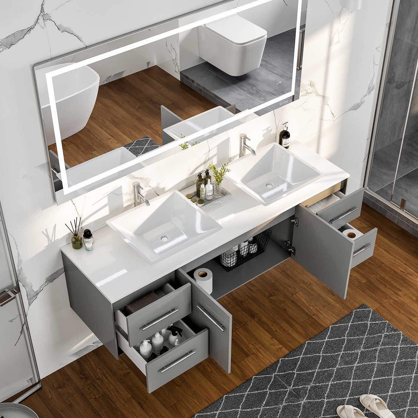 Wave 60"W x 22"D Gray Wall Mount Double Sink Bathroom Vanity with White Quartz Countertop and Vessel Porcelain Sinks