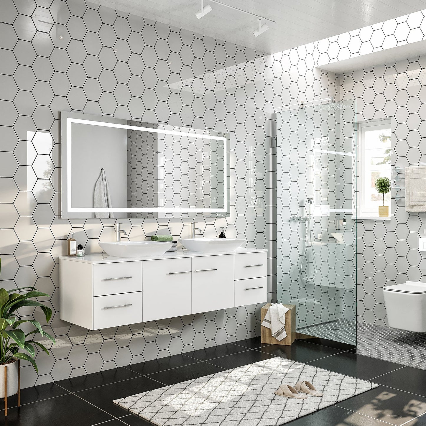 Totti Wave 60" White Modern Double Sink Bathroom Vanity w/ Super White Man-Made Stone Top & Sinks