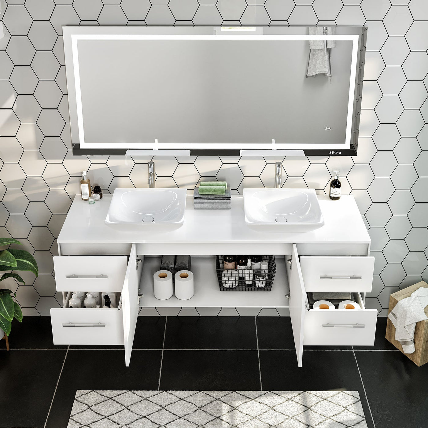 Wave 72"W x 22"D White Wall Mount Double Sink Bathroom Vanity with White Quartz Countertop and Vessel Porcelain Sinks