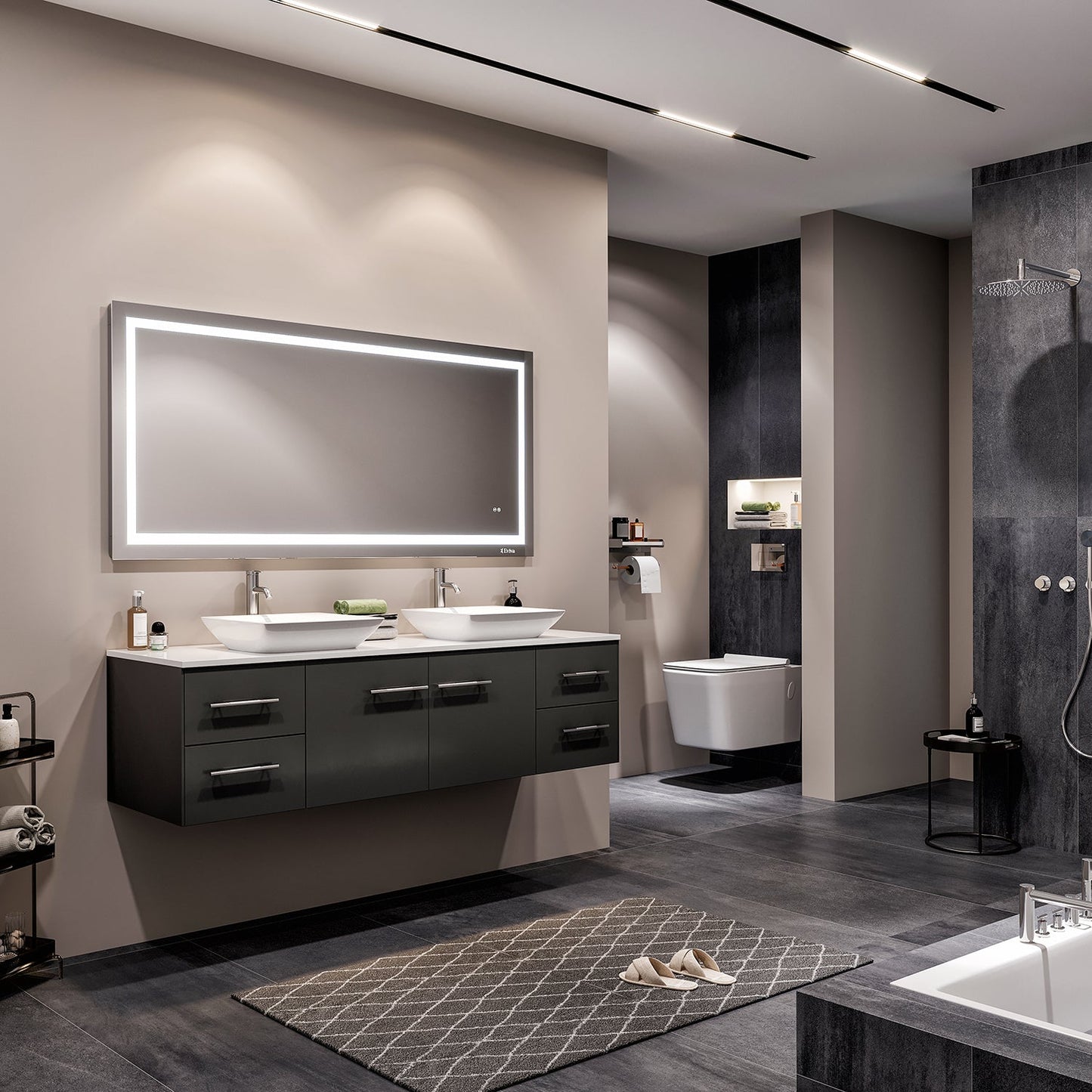 Totti Wave 60" Espresso Modern Double Sink Bathroom Vanity w/ Super White Man-Made Stone Top & Sinks