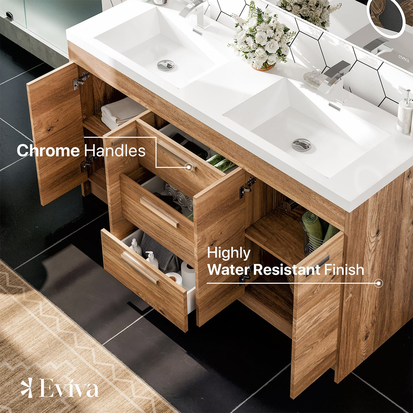 Lugano 60"W x 20"D Natural Oak Double Sink Bathroom Vanity with White Acrylic Countertop and Integrated Sinks