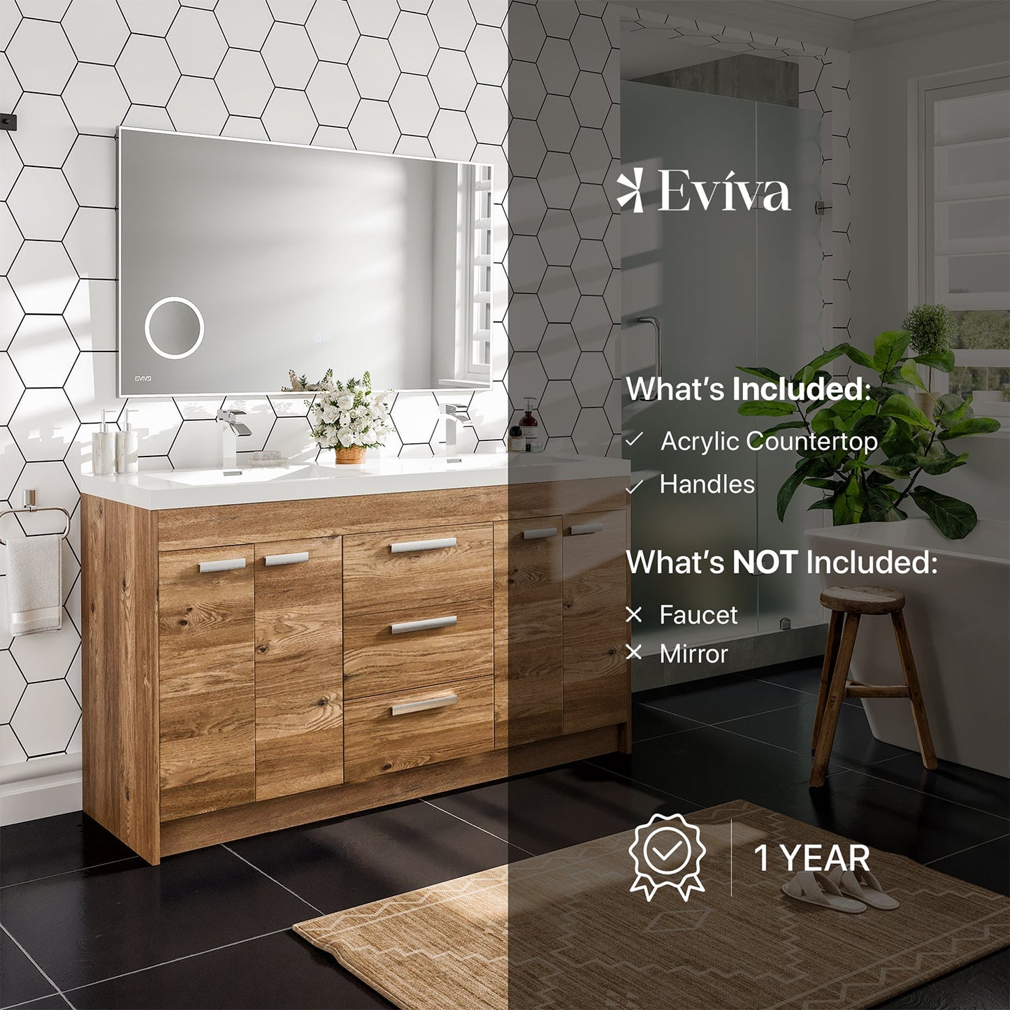Eviva Lugano 60" Natural Oak Modern Double Sink Bathroom Vanity w/ White Integrated Top