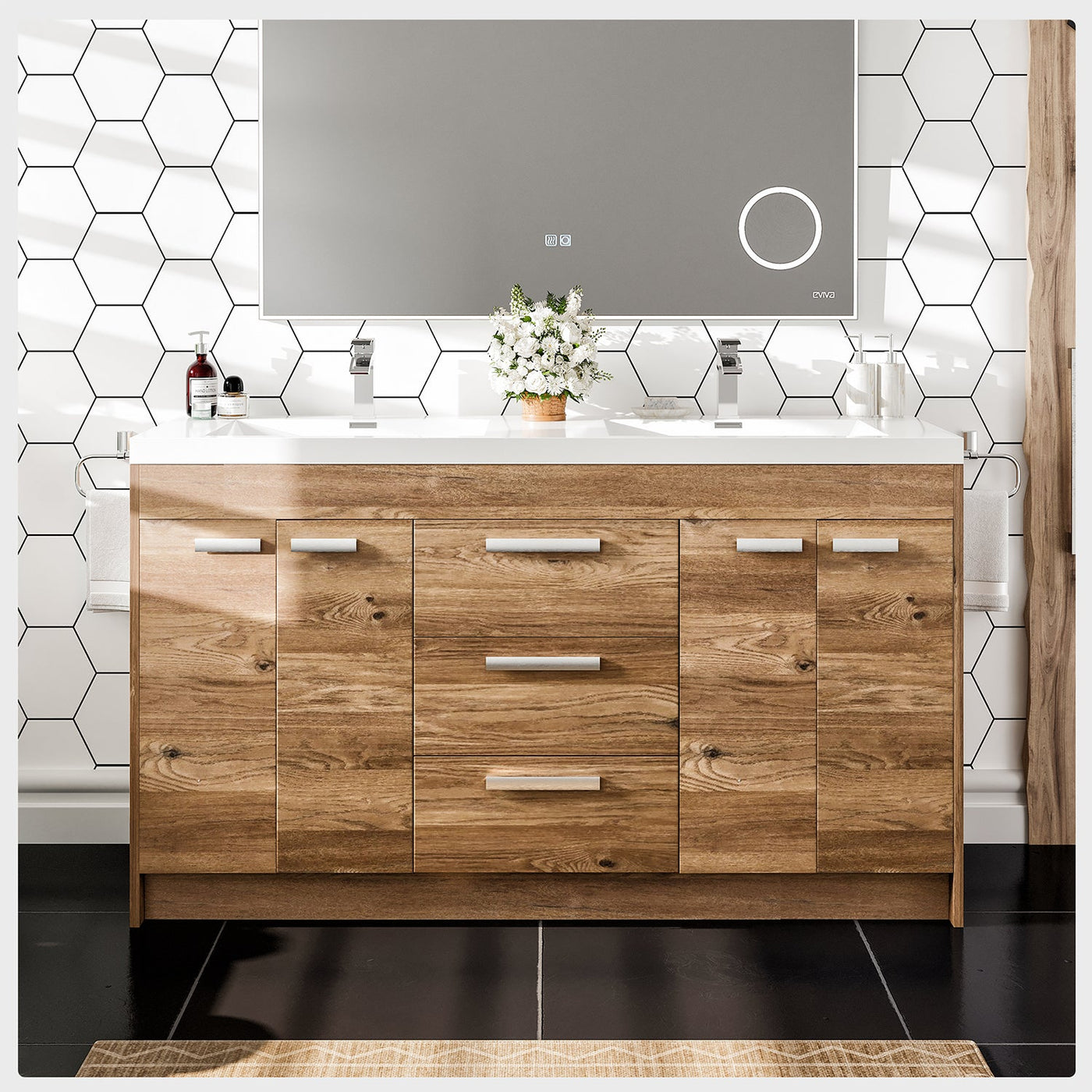 Lugano 60"W x 20"D Natural Oak Double Sink Bathroom Vanity with White Acrylic Countertop and Integrated Sinks