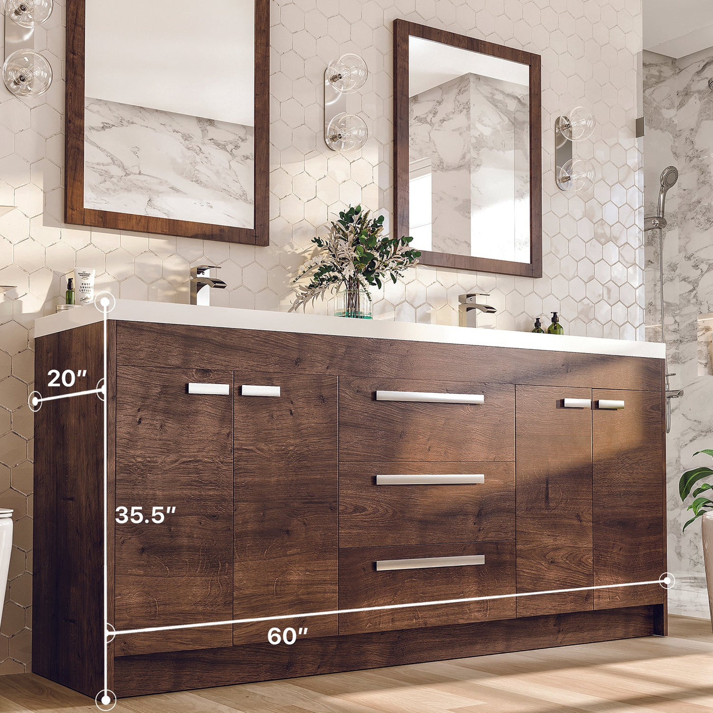 Lugano 60"W x 20"D Rosewood Double Sink Bathroom Vanity with White Acrylic Countertop and Integrated Sinks